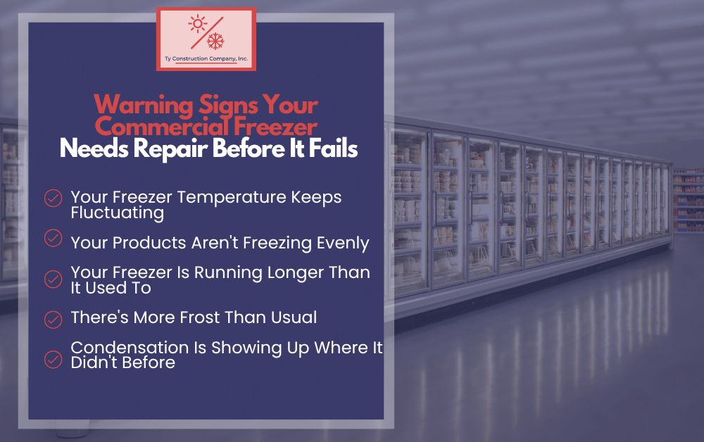 Infographic listing warning signs a commercial freezer needs repair: temp fluctuates, uneven freezing, longer run time, more frost, condensa