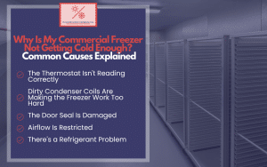 Infographic: “Why Is My Commercial Freezer Not Getting Cold Enough?” Causes: thermostat, dirty coils, door seal, airflow, refrigerant.